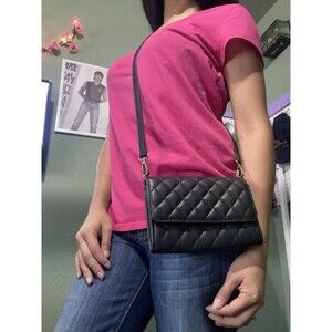 Quilted Crossbody Bag Black Faux Leather Gold Chain Strap Women's Handbag Small